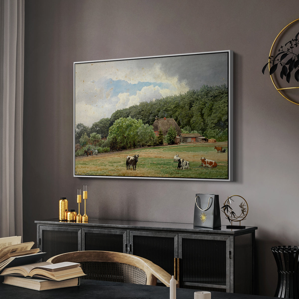 Farm with Grazing Cows (Bondegård med beitende kuer), 1892 - Floater Framed Canvas Print