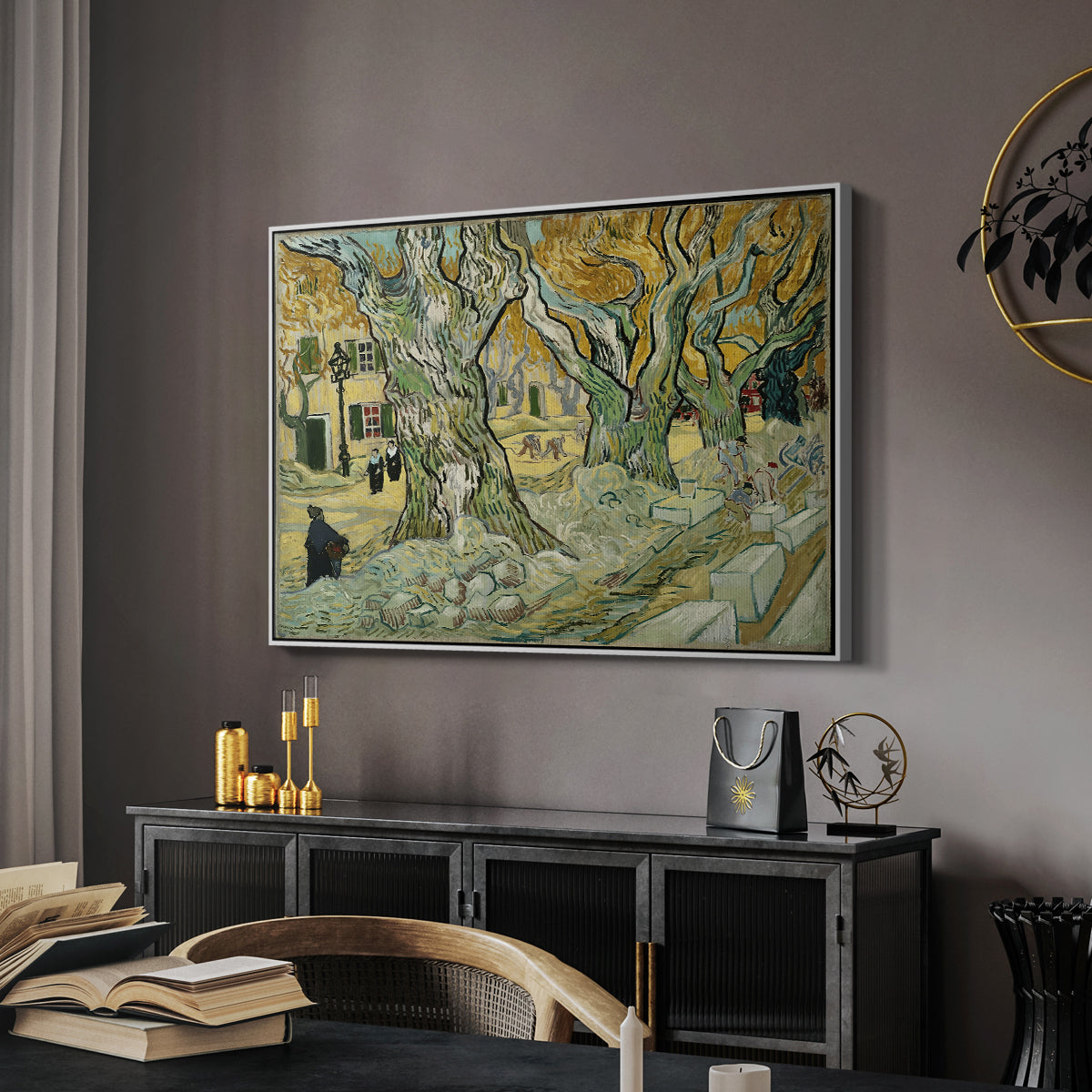 The Large Plane Trees (Road Menders at Saint-Rémy), 1889 - Floater Framed Canvas Print