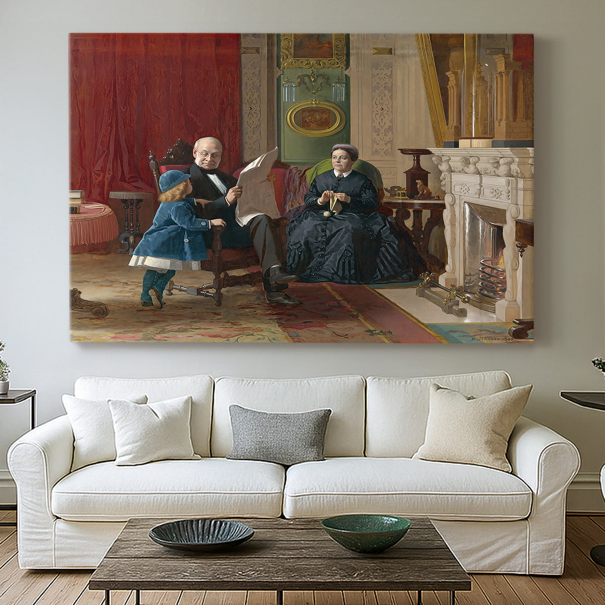 Canvas art print detailing a family group portrait with warm interior tones, centered above a sofa as a large focal wall piece