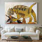 Canvas art print detailing a cubist depiction of animal capturing bird, centered above a sofa as a large focal wall piece