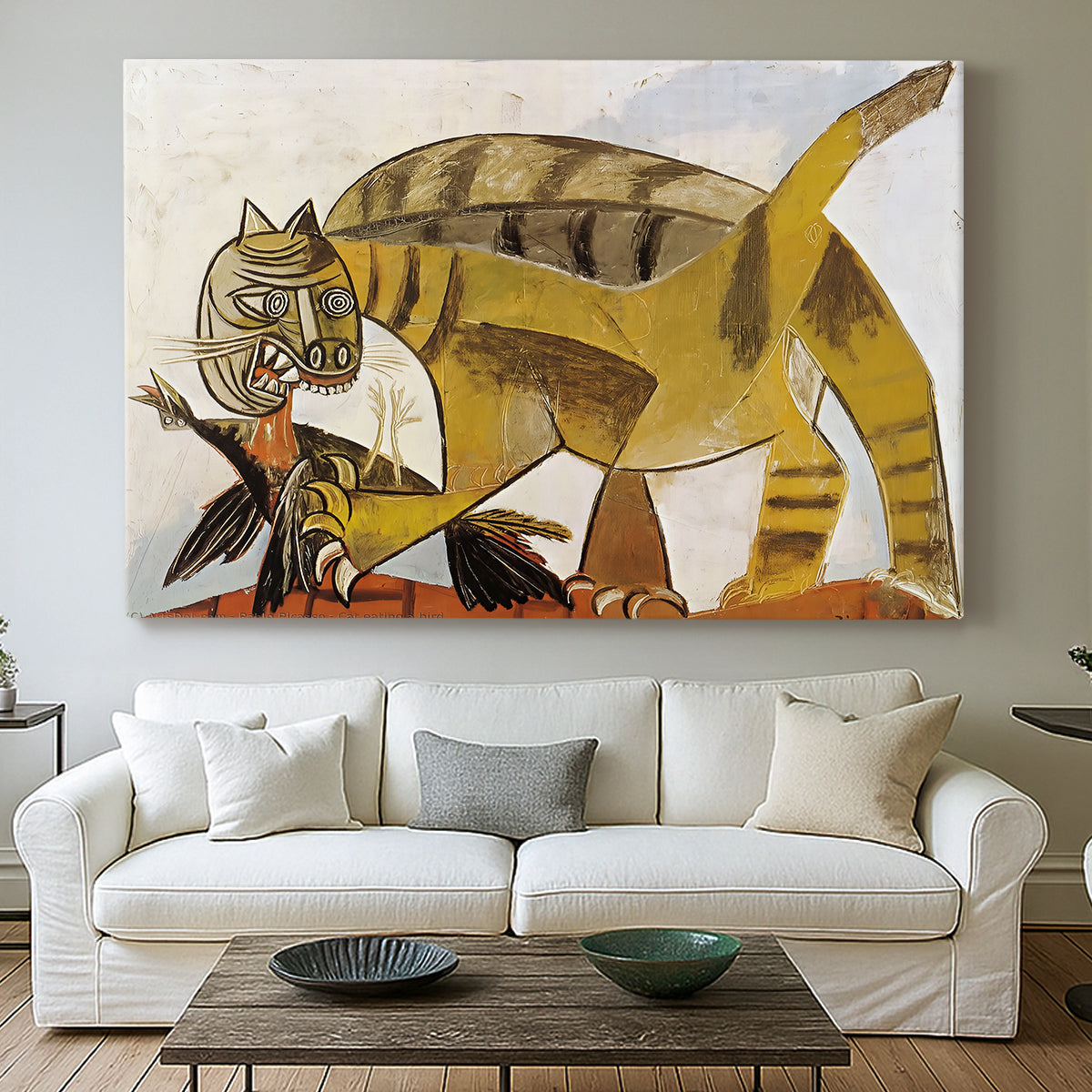 Canvas art print detailing a cubist depiction of animal capturing bird, centered above a sofa as a large focal wall piece