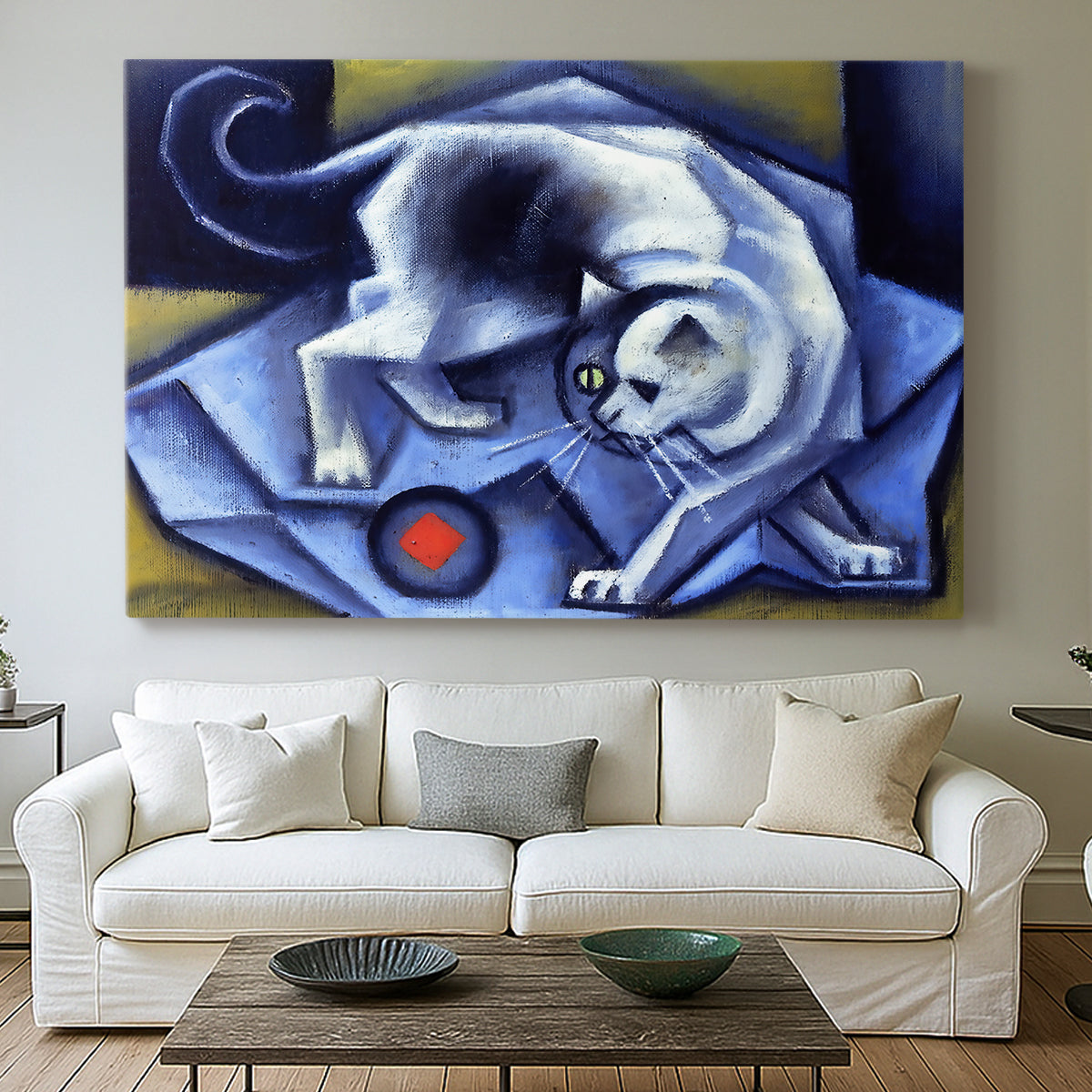 Canvas art print detailing an abstract scene combining cat and object, centered above a sofa as a large focal wall piece