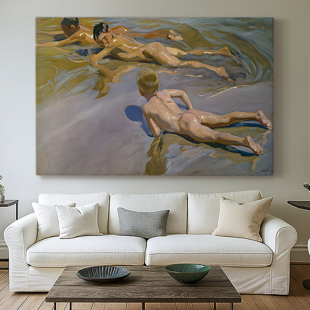 Canvas art print detailing a coastal composition with boys and sand, centered above a sofa as a large focal wall piece