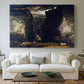 Canvas art print detailing an expansive geological landscape with dramatic elevation, centered above a sofa as a large focal wall piece