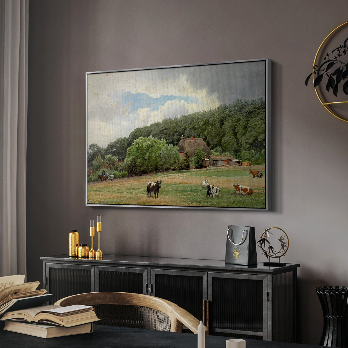 Farm with Grazing Cows (Bondegård med beitende kuer), 1892 - Floater Framed Canvas Print