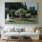 Canvas art print detailing a tranquil garden portrait with soft natural light, centered above a sofa as a large focal wall piece