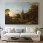 Canvas art print detailing a romantic composition showing movement toward distant buildings, centered above a sofa as a large focal wall piece