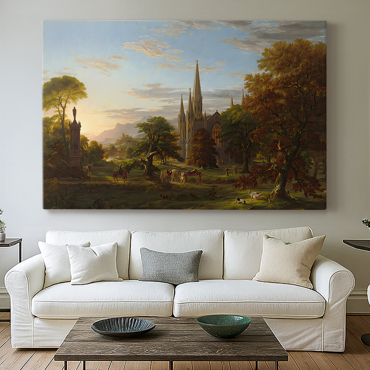 Canvas art print detailing a romantic composition showing movement toward distant buildings, centered above a sofa as a large focal wall piece
