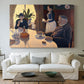 Canvas art print detailing a pointillist social gathering indoors, centered above a sofa as a large focal wall piece