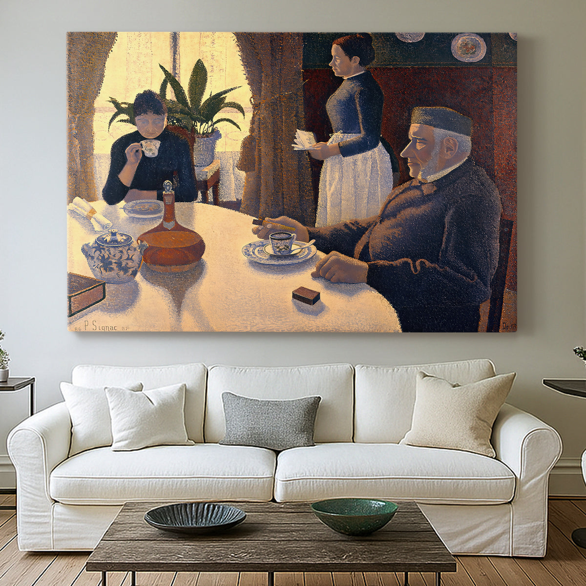 Canvas art print detailing a pointillist social gathering indoors, centered above a sofa as a large focal wall piece