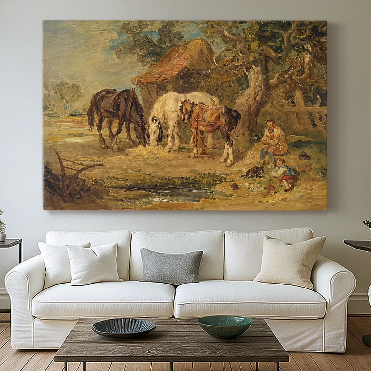 Canvas art print detailing a rustic depiction of animals grouped around food, centered above a sofa as a large focal wall piece