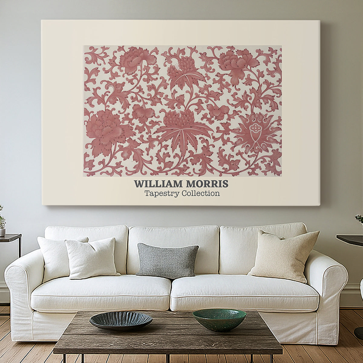 Canvas art print detailing a textile-style ornament with layered motifs and symmetry, centered above a sofa as a large focal wall piece