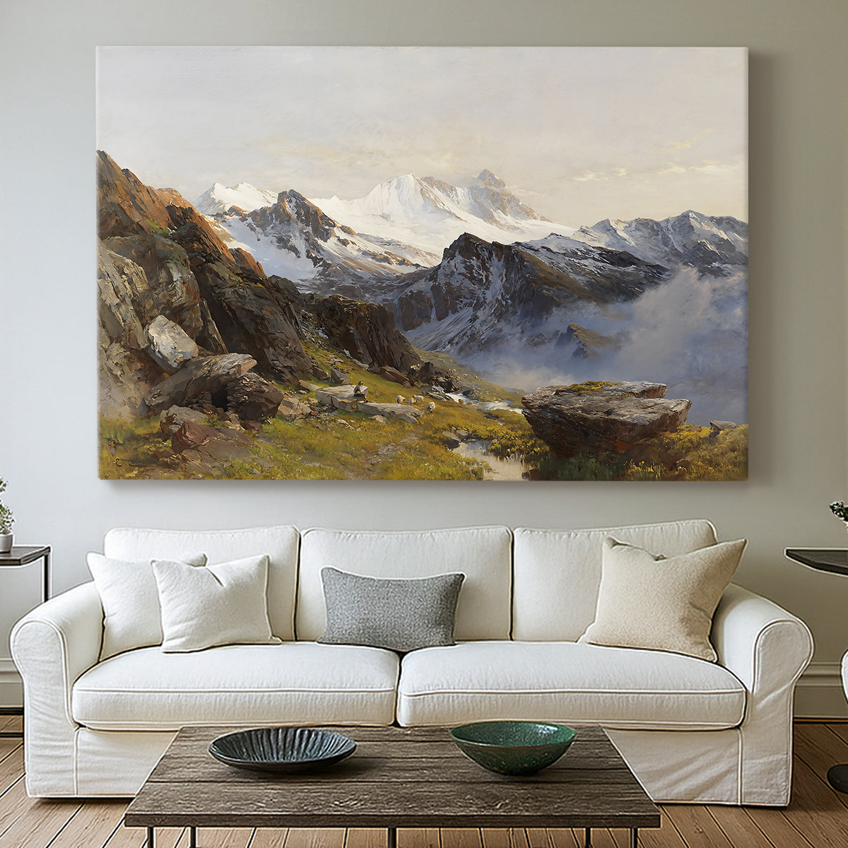 Canvas art print detailing a scenic mountain view with dramatic elevation and depth, centered above a sofa as a large focal wall piece