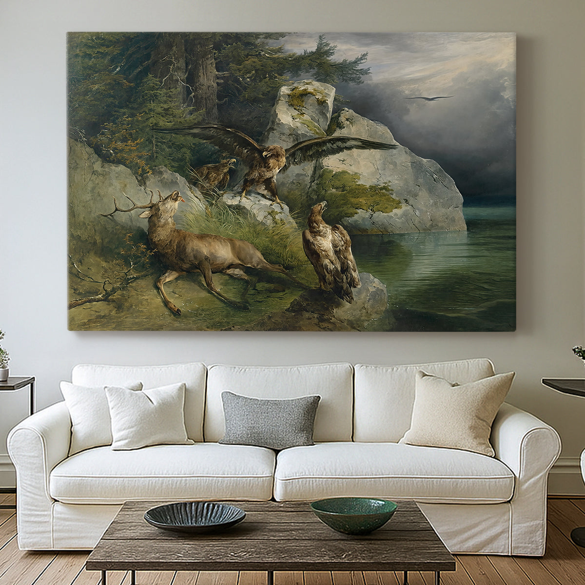 Canvas art print detailing a dramatic lakeside setting with wildlife, centered above a sofa as a large focal wall piece
