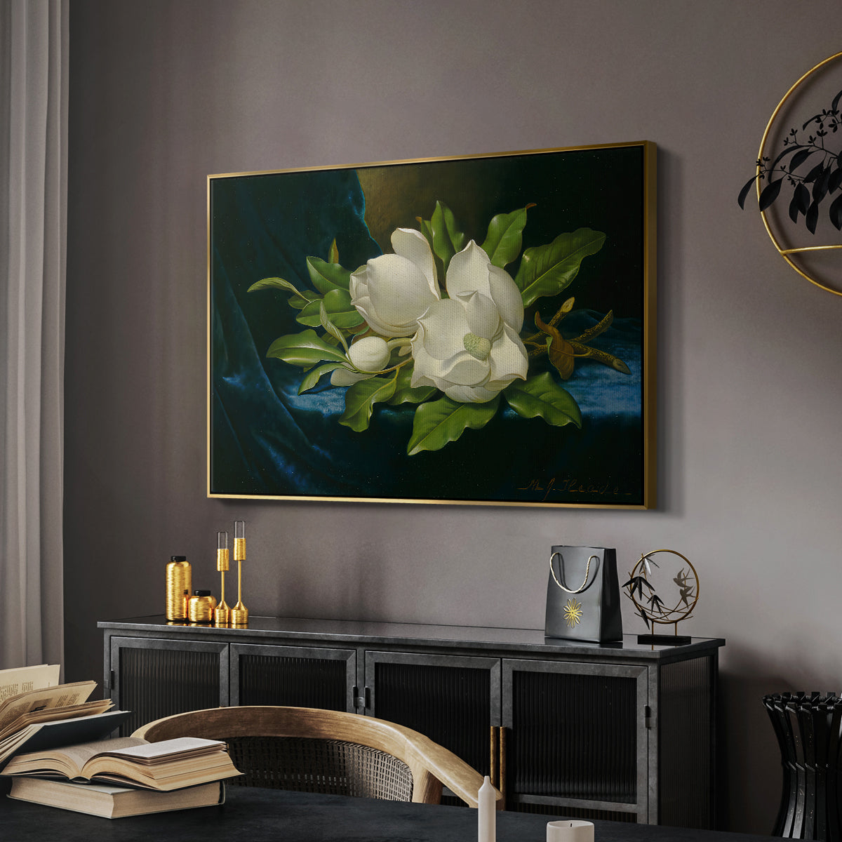 Giant Magnolias on a Blue Velvet Cloth, c. 1890 - Floater Framed Canvas Print