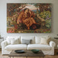 Canvas art print detailing an emotional scene representing torment and spiritual struggle, centered above a sofa as a large focal wall piece
