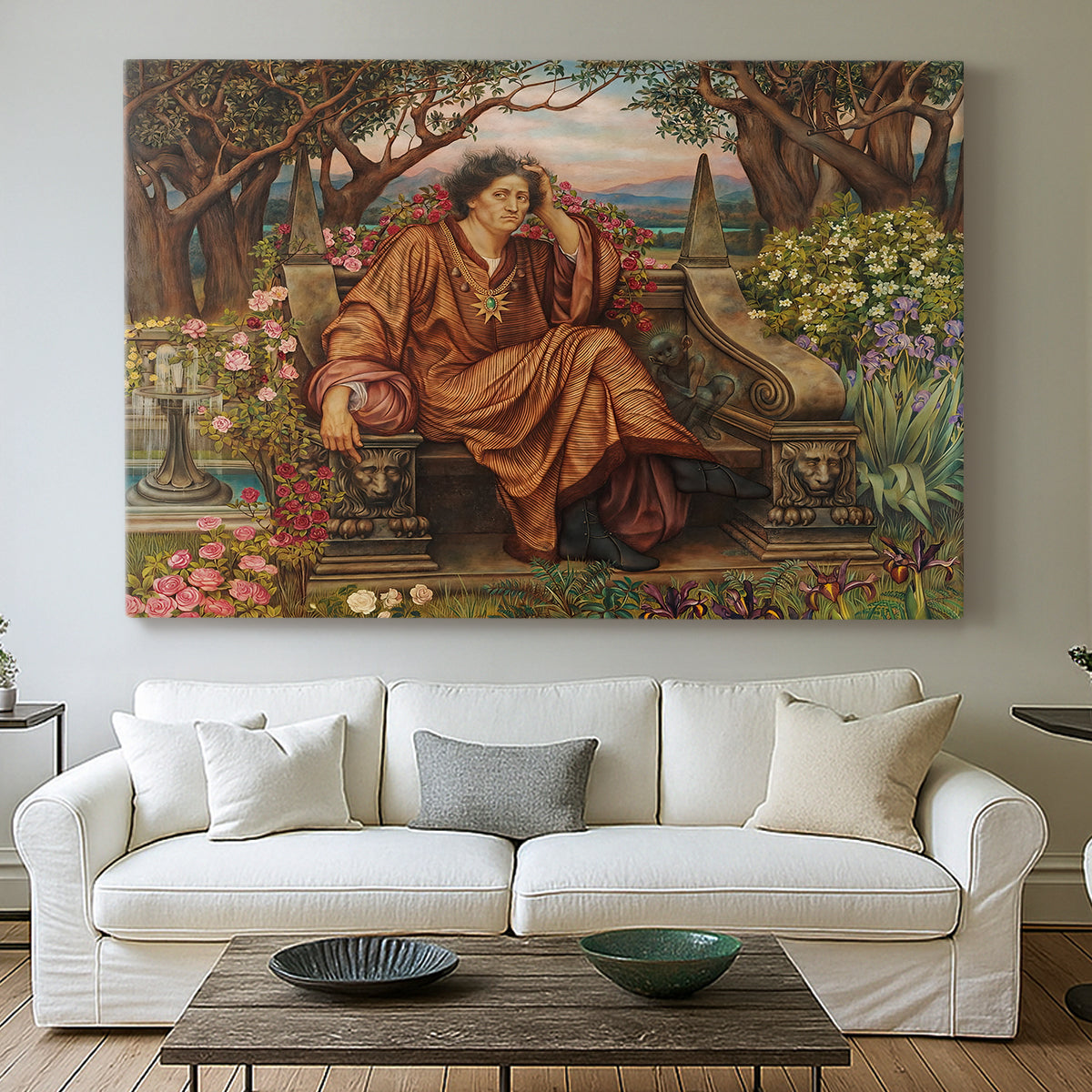 Canvas art print detailing an emotional scene representing torment and spiritual struggle, centered above a sofa as a large focal wall piece