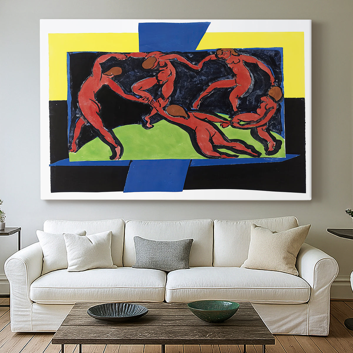 Canvas art print detailing a stylized depiction of human figures dancing in unity, centered above a sofa as a large focal wall piece