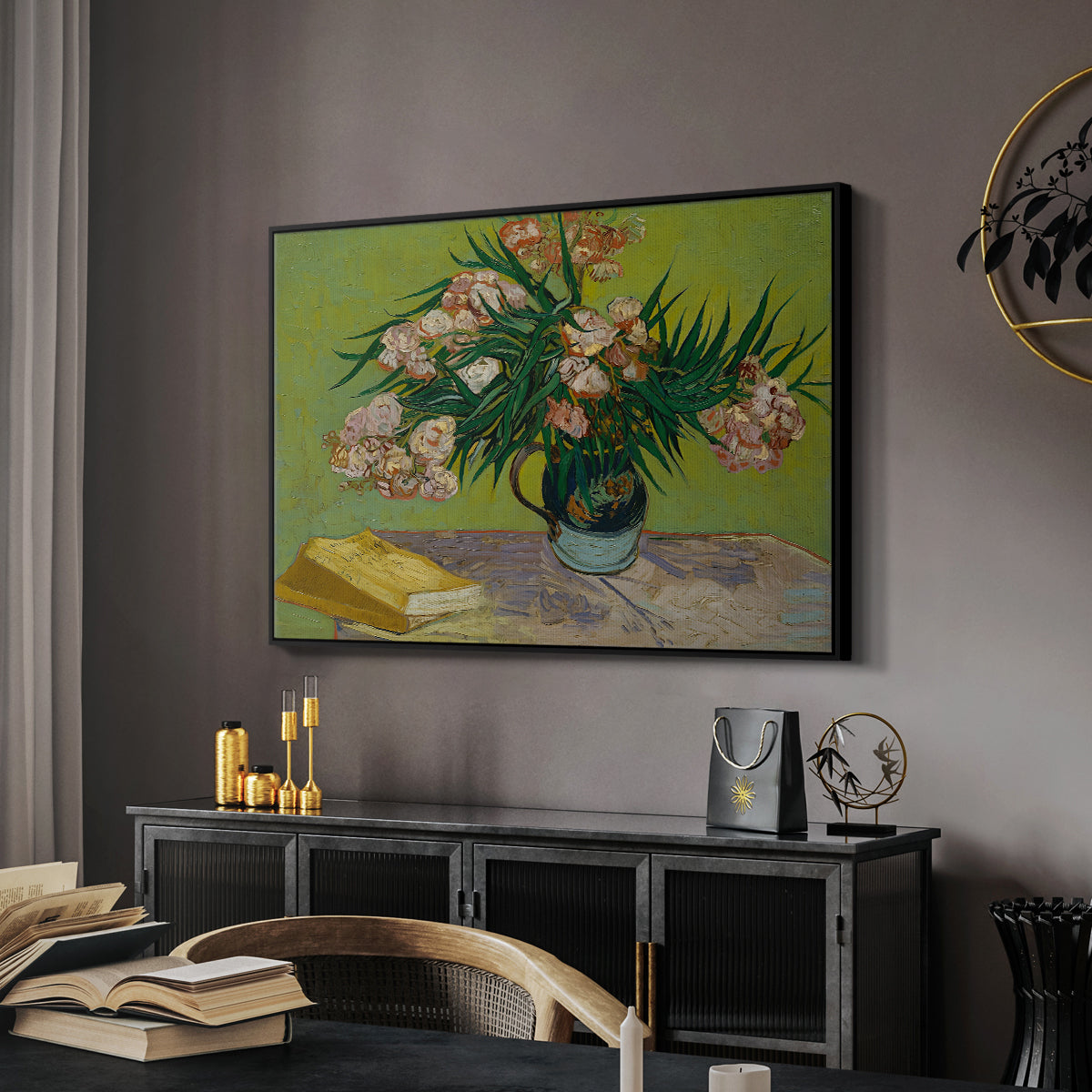 Vase with Oleanders and Books, 1888 - Floater Framed Canvas Print