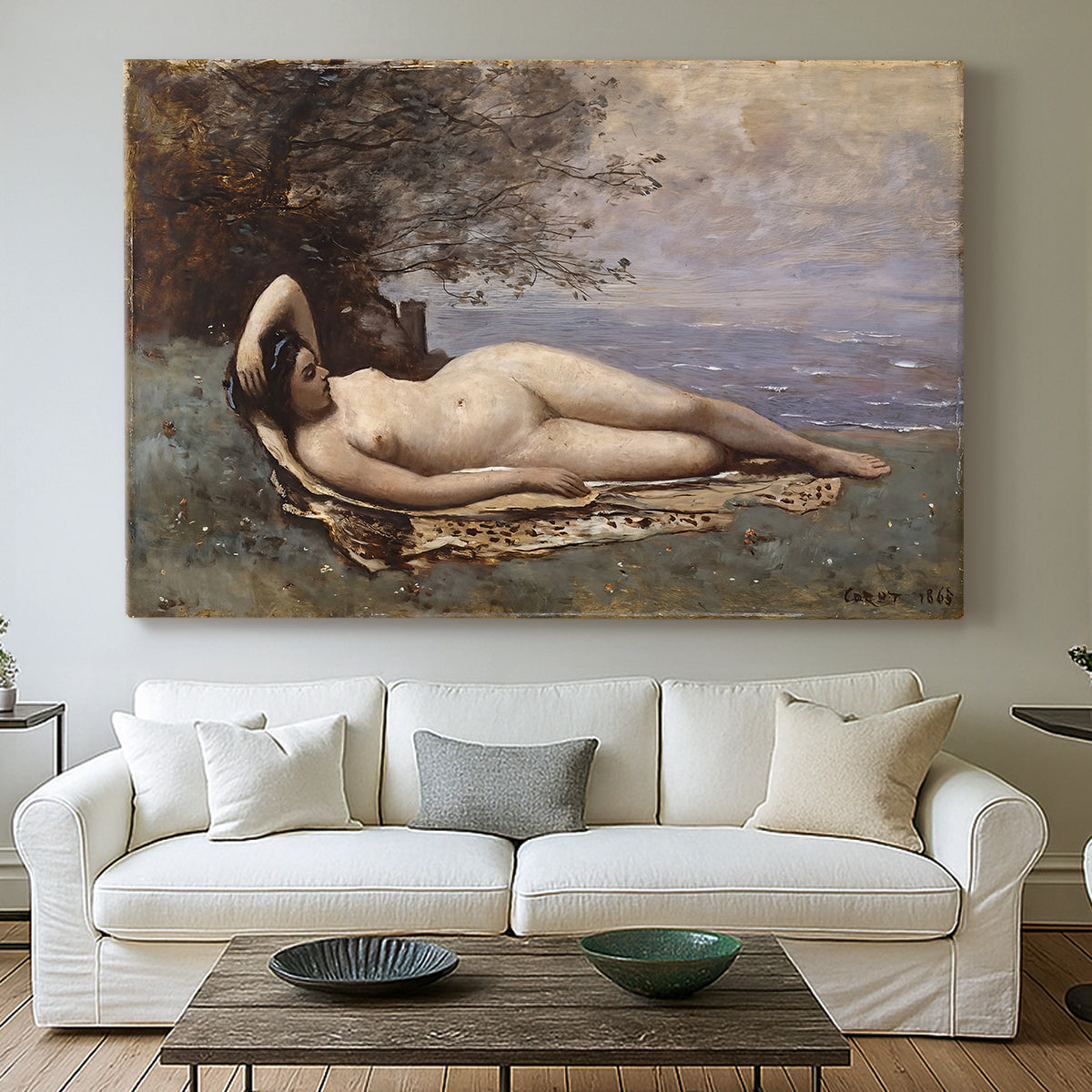 Canvas art print detailing a romantic scene combining human figure and shoreline, centered above a sofa as a large focal wall piece