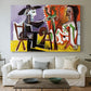 Canvas art print detailing a stylized interior with abstracted forms, centered above a sofa as a large focal wall piece