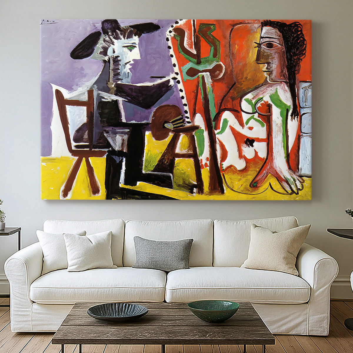 Canvas art print detailing a stylized interior with abstracted forms, centered above a sofa as a large focal wall piece