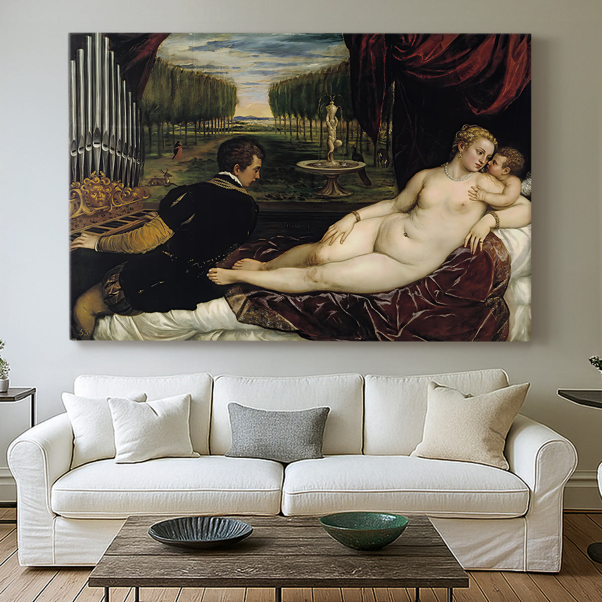 Canvas art print detailing an interior scene with Venus attended by organist and Cupid, centered above a sofa as a large focal wall piece