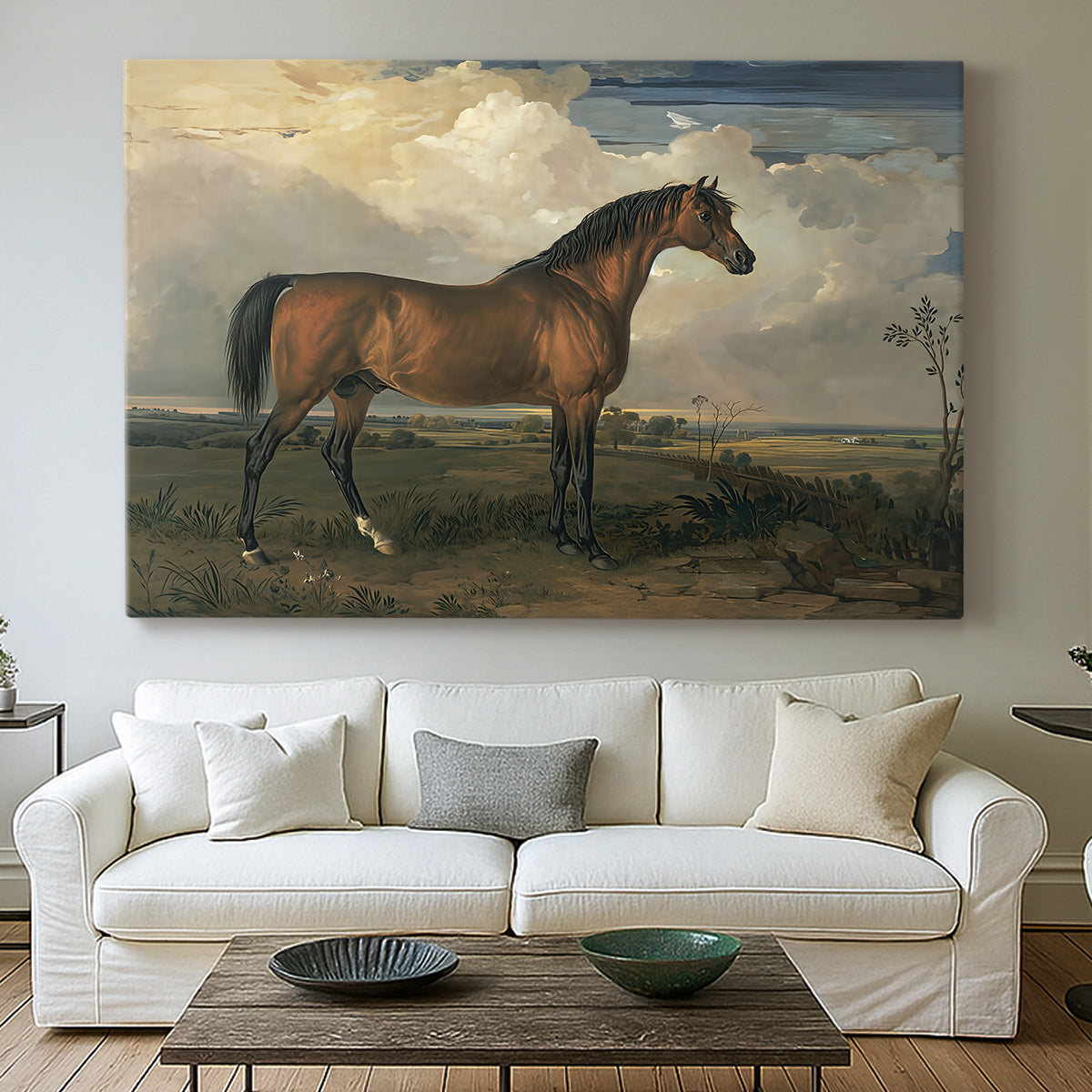 Canvas art print detailing an animal study of stallion in outdoor setting, centered above a sofa as a large focal wall piece