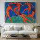 Canvas art print detailing a stylized dance scene with strong color contrast, centered above a sofa as a large focal wall piece