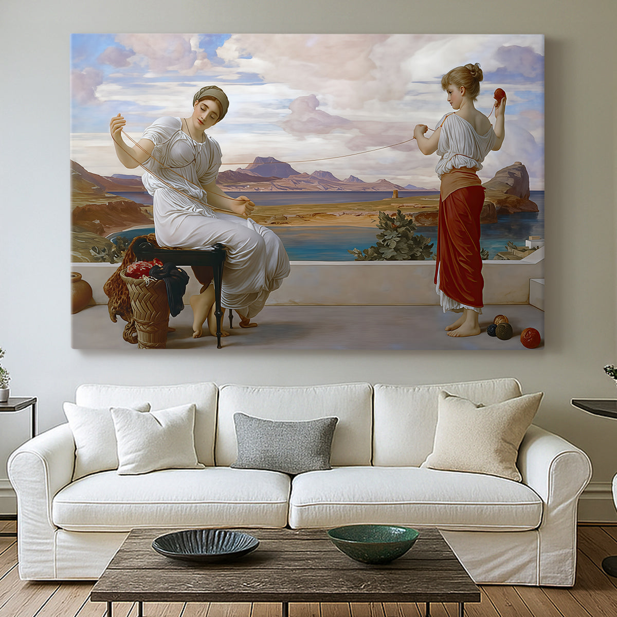 Canvas art print detailing an elegant composition of women performing domestic task, centered above a sofa as a large focal wall piece