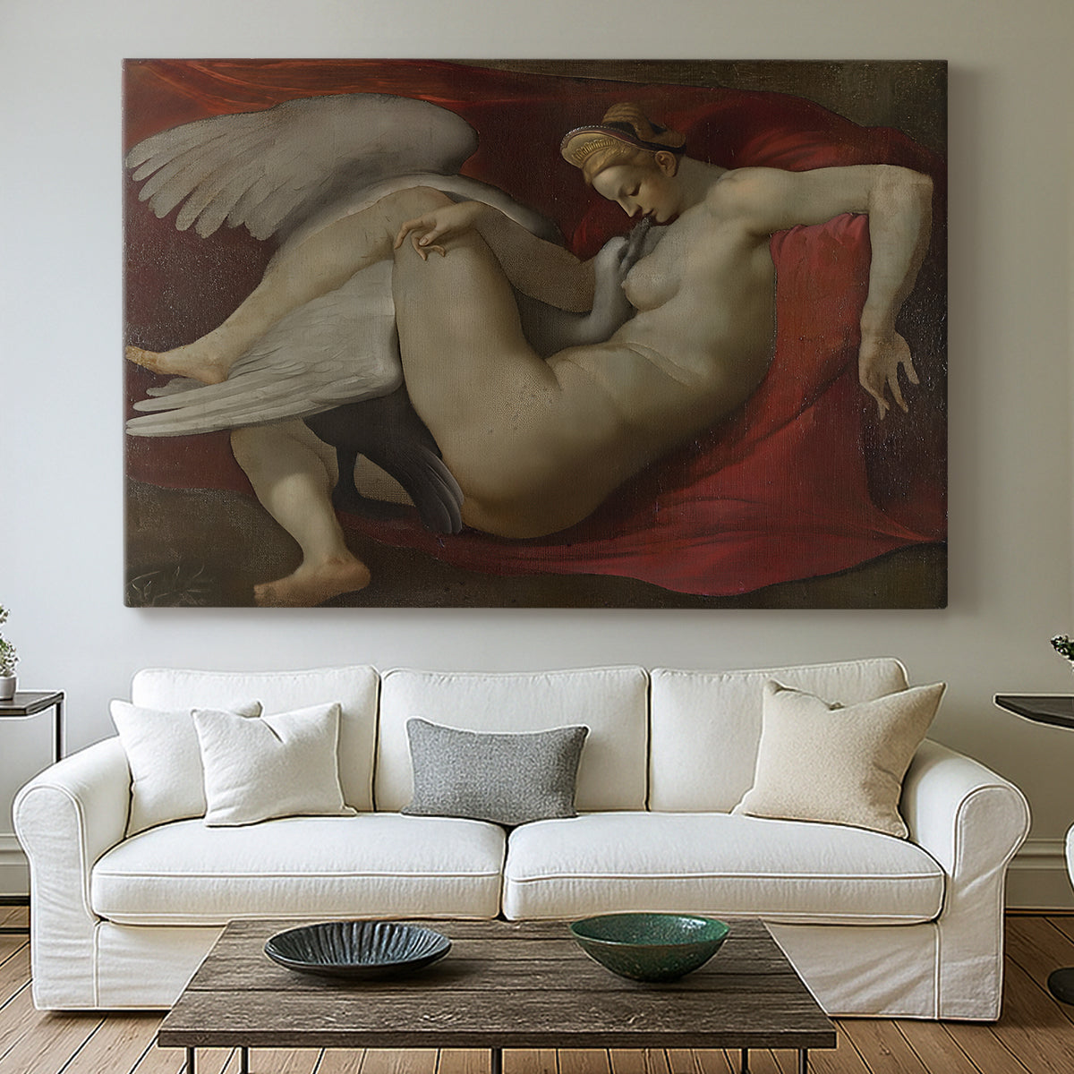 Canvas art print detailing a traditional myth scene, centered above a sofa as a large focal wall piece