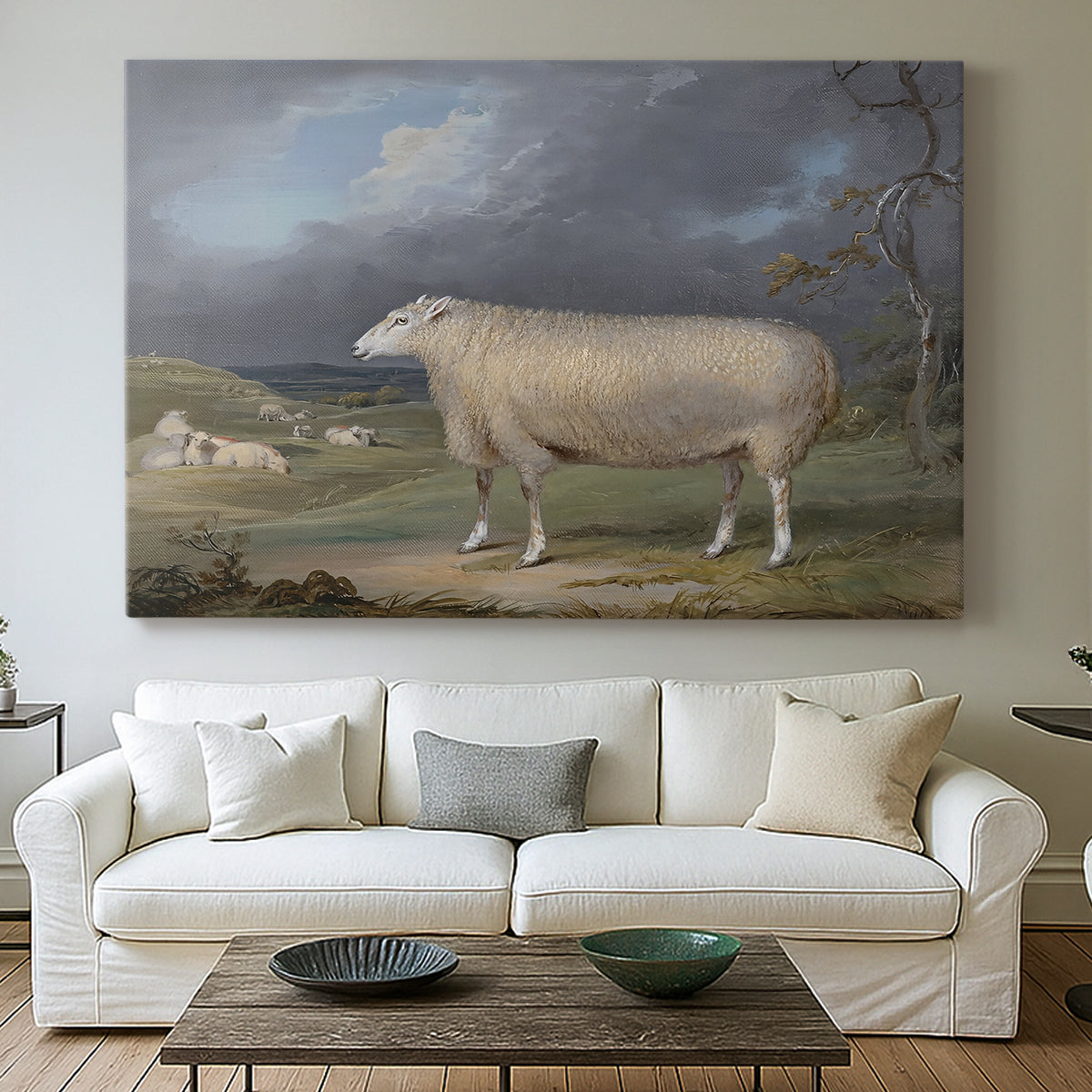 Canvas art print detailing a farm animal study in open landscape, centered above a sofa as a large focal wall piece