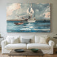 Canvas art print detailing a coastal view featuring small boat against horizon, centered above a sofa as a large focal wall piece