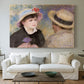 Canvas art print detailing a romantic scene of two figures in casual conversation with soft light, centered above a sofa as a large focal wall piece