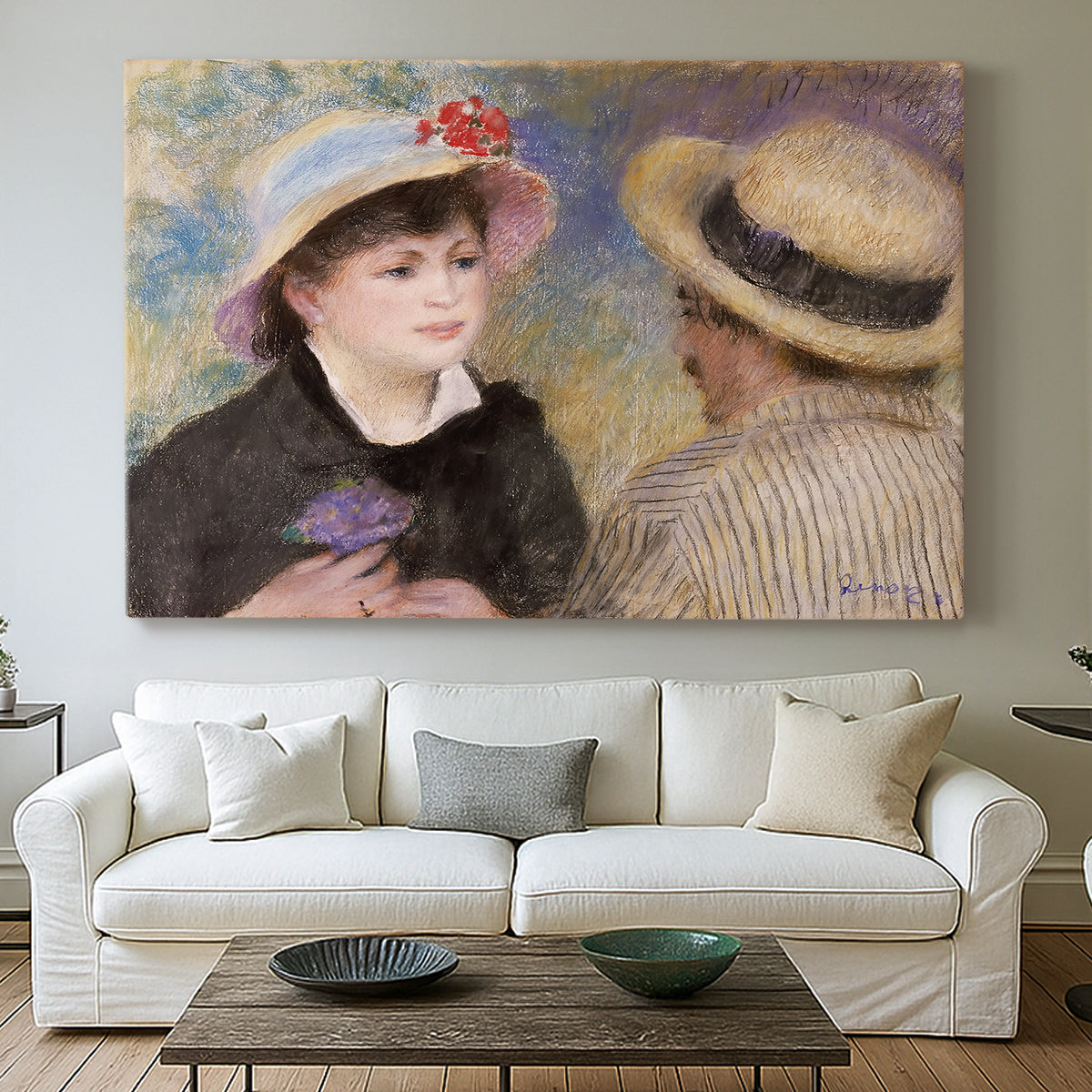 Canvas art print detailing a romantic scene of two figures in casual conversation with soft light, centered above a sofa as a large focal wall piece