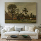 Canvas art print detailing a countryside composition with architecture and animals, centered above a sofa as a large focal wall piece