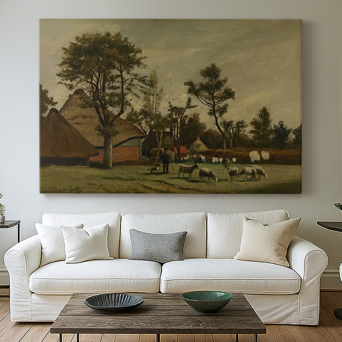 Canvas art print detailing a countryside composition with architecture and animals, centered above a sofa as a large focal wall piece