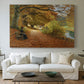 Canvas art print detailing a peaceful autumn setting with figures in wooded environment, centered above a sofa as a large focal wall piece