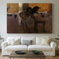 Canvas art print detailing a stylized depiction of ancient culture with detailed surroundings, centered above a sofa as a large focal wall piece