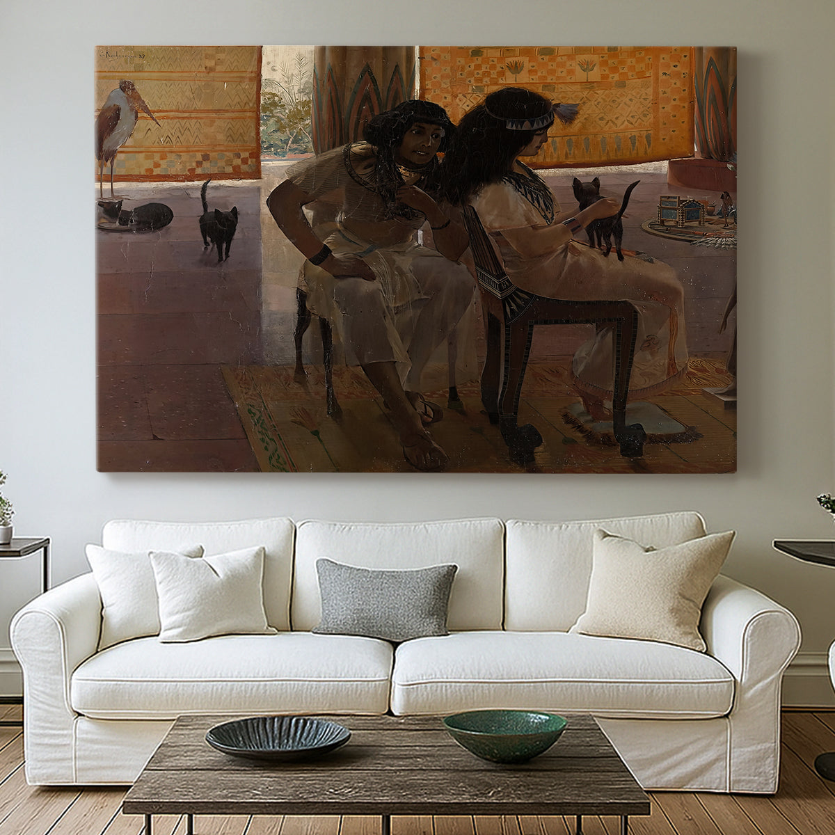 Canvas art print detailing a stylized depiction of ancient culture with detailed surroundings, centered above a sofa as a large focal wall piece
