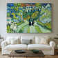 Canvas art print detailing a stylized cityscape with stairway and houses, centered above a sofa as a large focal wall piece