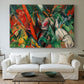 Canvas art print detailing a stylized representation of weather through geometric forms, centered above a sofa as a large focal wall piece