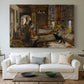 Canvas art print detailing an expressive composition featuring figures in elaborate setting, centered above a sofa as a large focal wall piece