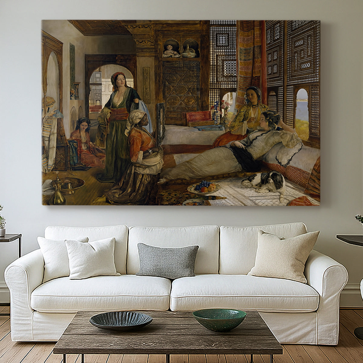 Canvas art print detailing an expressive composition featuring figures in elaborate setting, centered above a sofa as a large focal wall piece