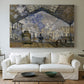 Canvas art print detailing a bustling transport hub with trains beneath glass roof, centered above a sofa as a large focal wall piece