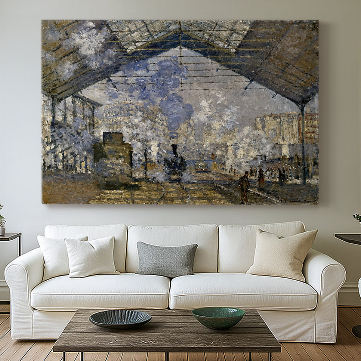 Canvas art print detailing a bustling transport hub with trains beneath glass roof, centered above a sofa as a large focal wall piece