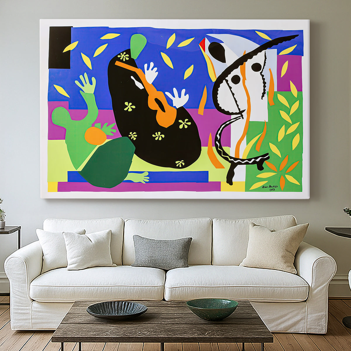 Canvas art print detailing a stylized composition of human forms, centered above a sofa as a large focal wall piece