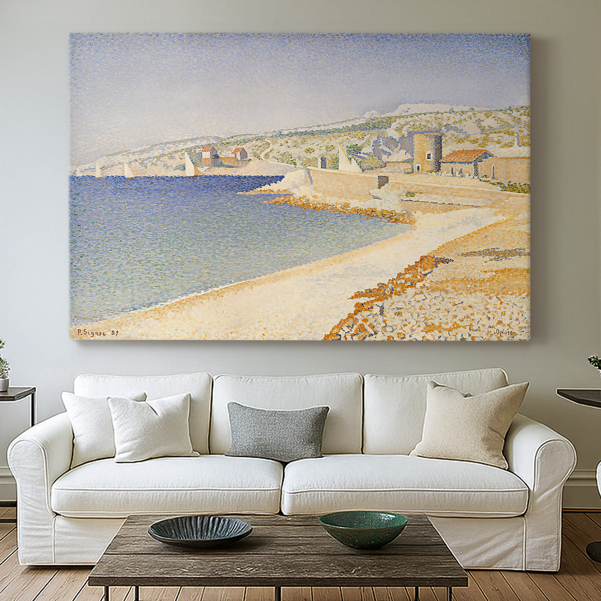 Canvas art print detailing a landscape with jetty, centered above a sofa as a large focal wall piece