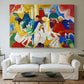 Canvas art print detailing a layered composition with bold color contrasts and movement, centered above a sofa as a large focal wall piece