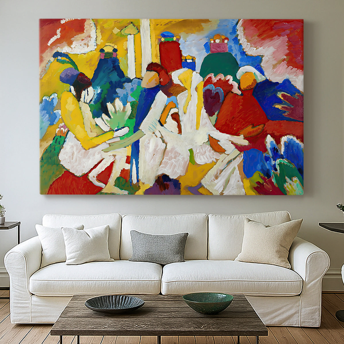 Canvas art print detailing a layered composition with bold color contrasts and movement, centered above a sofa as a large focal wall piece